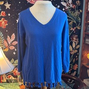 Talbots Cobalt Blue V-Neck Blouse with Tassel Trim